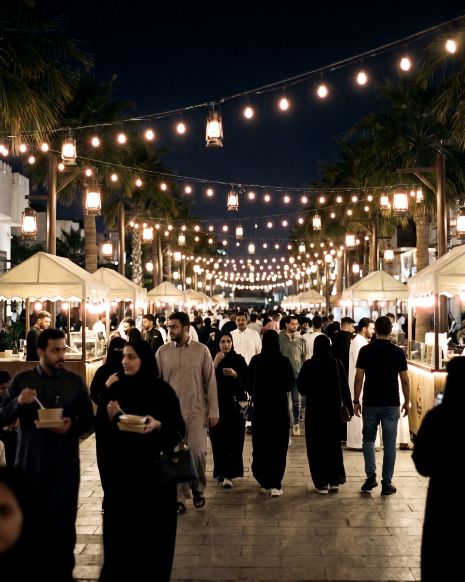 A festival boulevard in Jeddah at night, families walking beneath a canopy of warm hanging lights