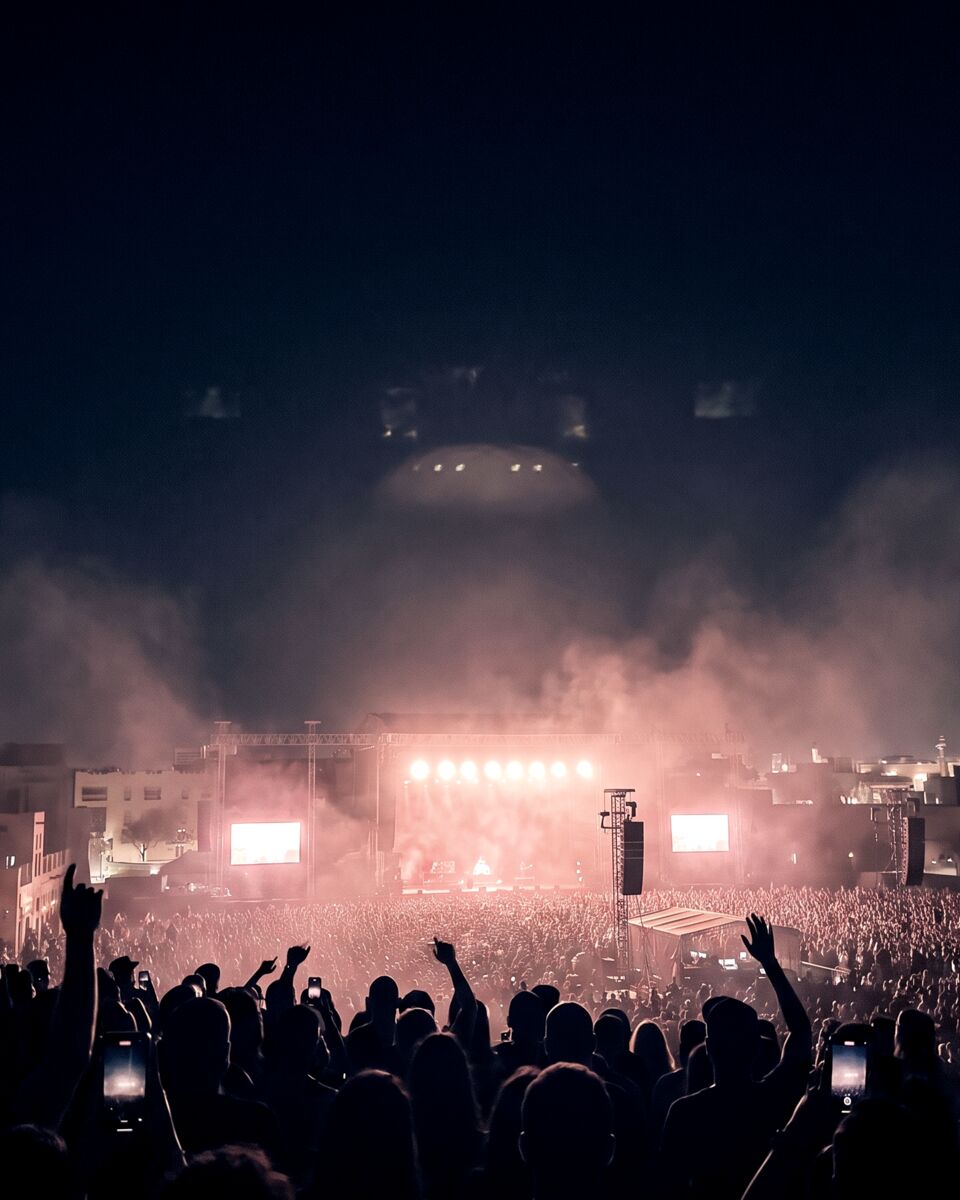An outdoor concert crowd in Jeddah at night, hands raised toward a lit stage